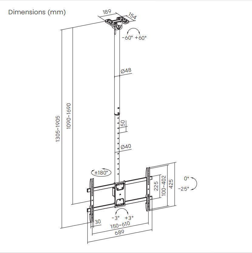 Soporte de Techo Inclinable para TV de  43" a 86" - 360°  60kg   SBRP1546L  BRASFORMA-3