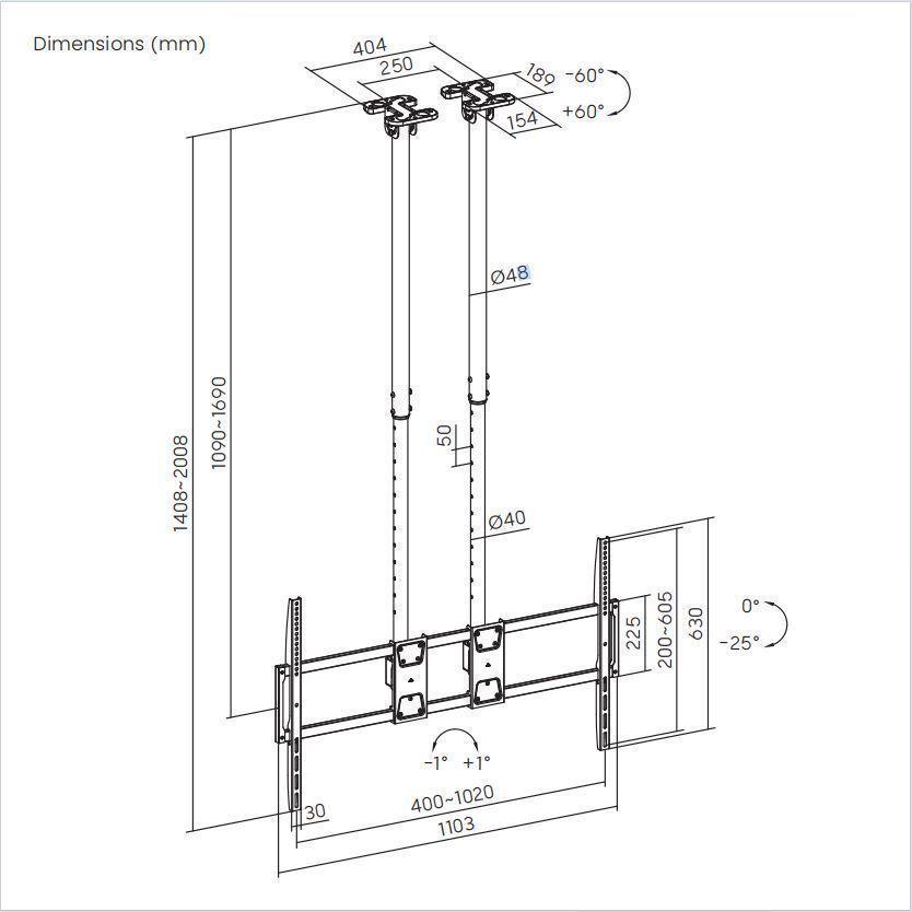 Soporte de Techo Doble Tubo para TV  Alta Carga  60" a 120" -  120kg - 5610L Brasforma-7