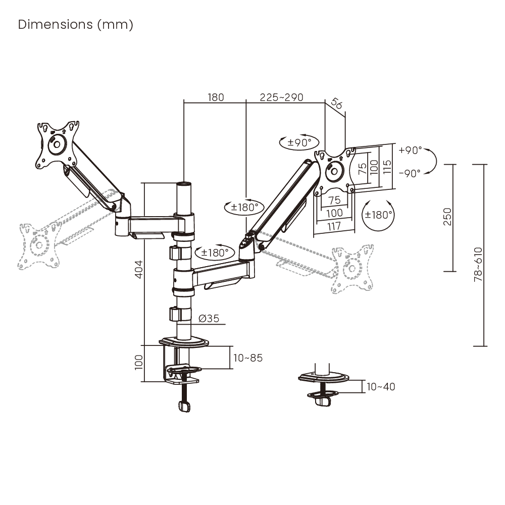 Brazo para 2 monitores con Base Vertical 17"~32" 18kg 360° Brasforma SBRM728-5