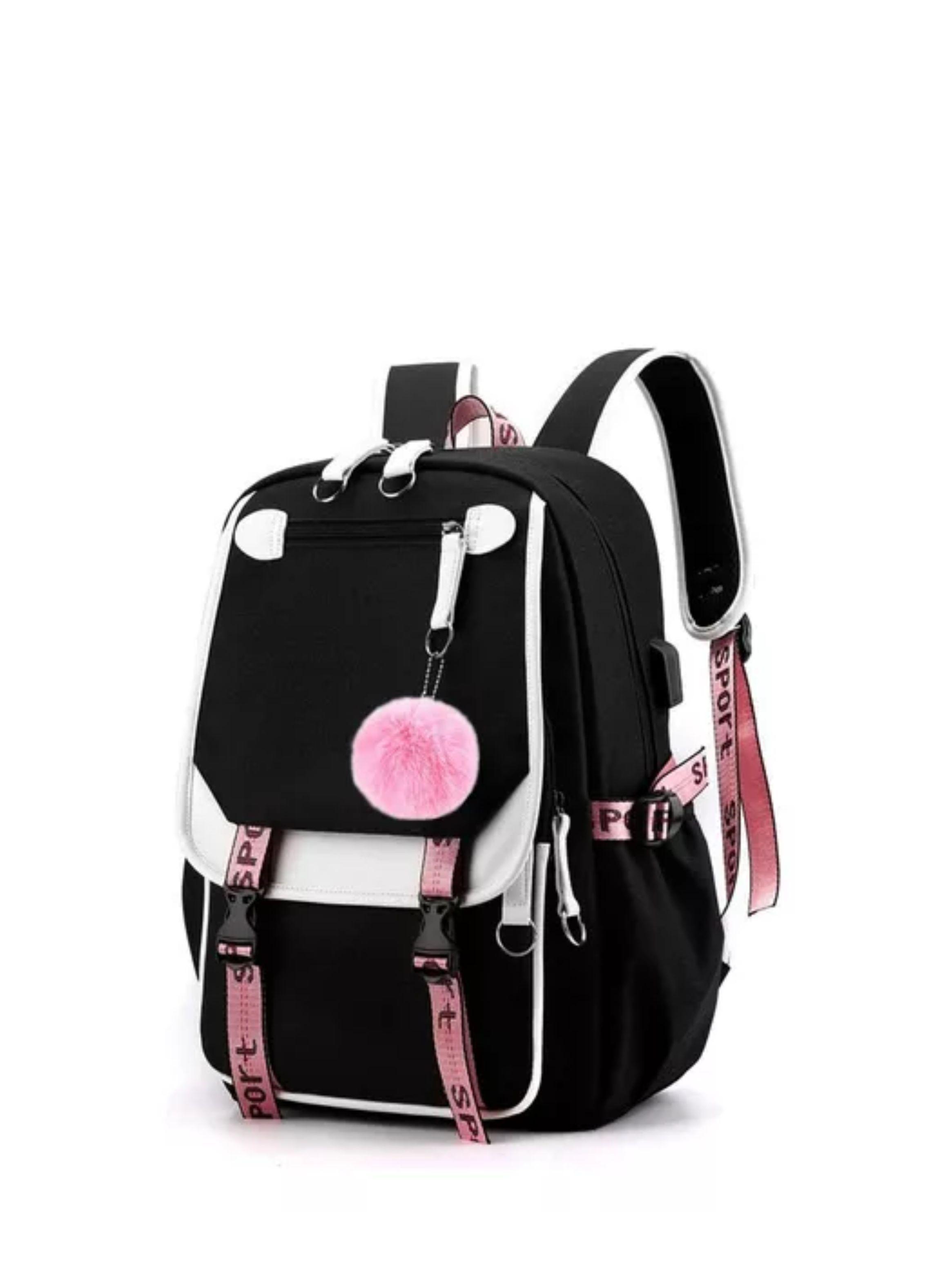 Mochila Kawaii Estilo Coreano Juvenil Moda Con Puerto Usb color negro-0