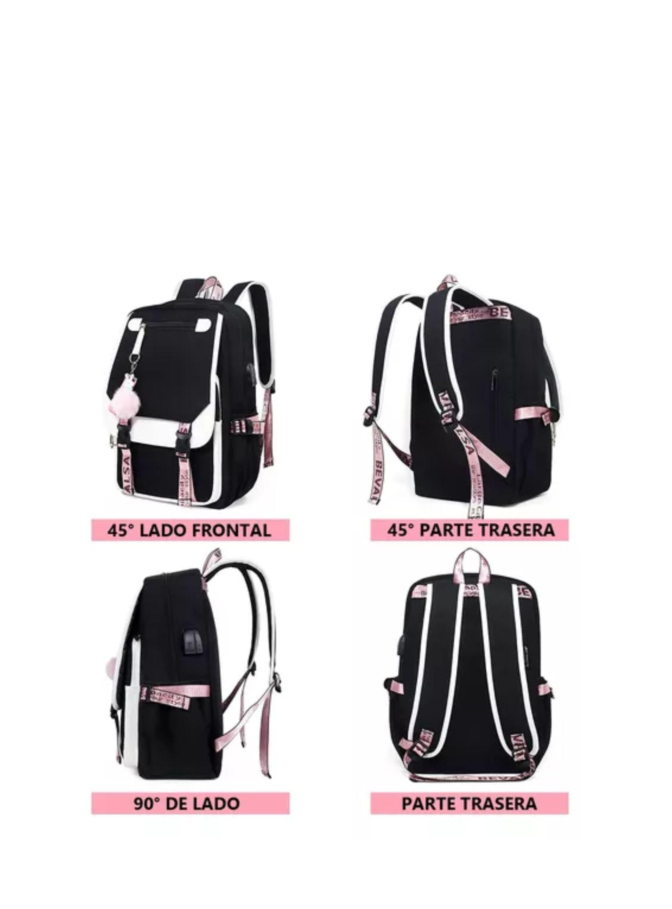 Mochila Kawaii Estilo Coreano Juvenil Moda Con Puerto Usb color negro-2