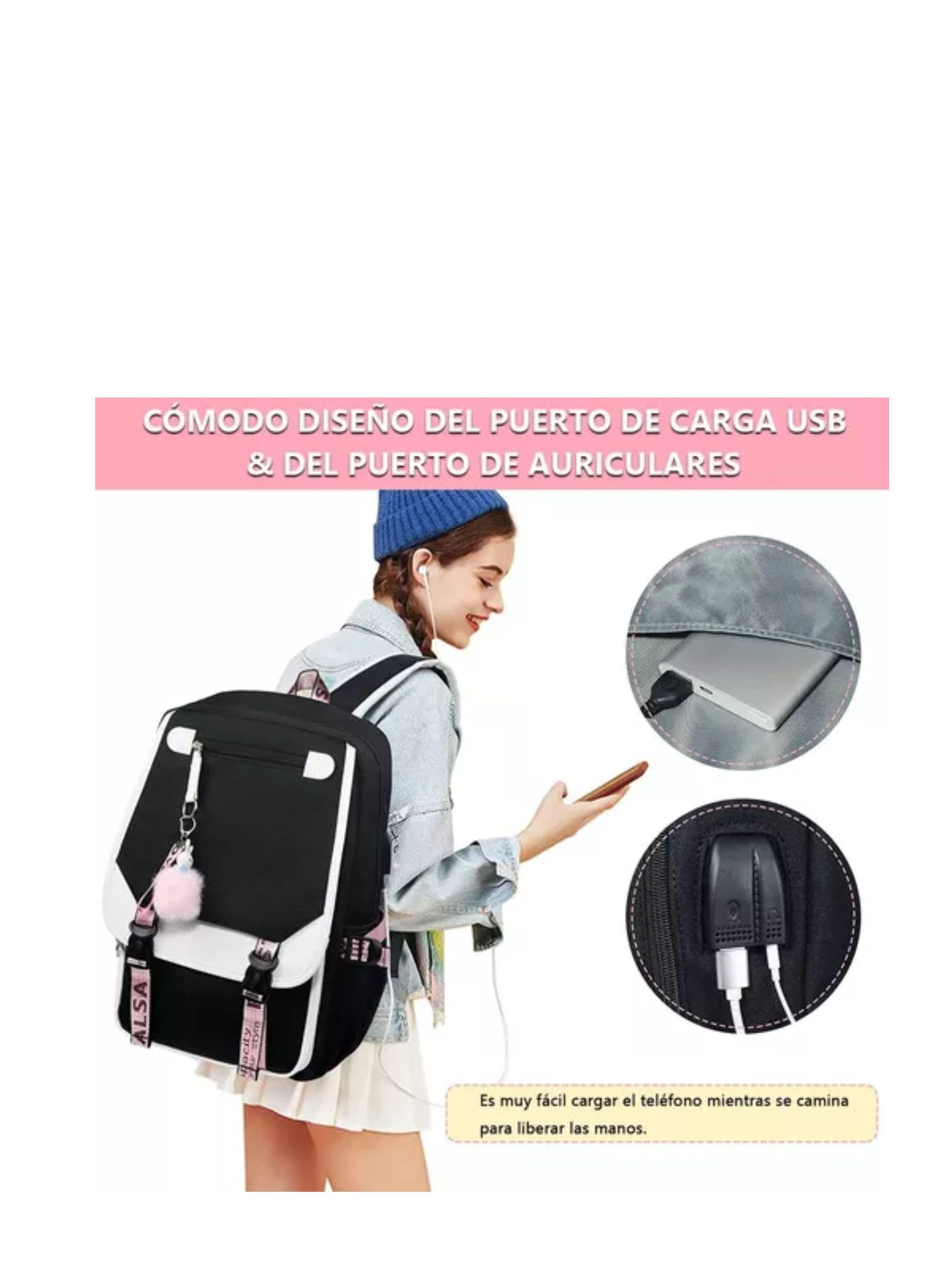 Mochila Kawaii Estilo Coreano Juvenil Moda Con Puerto Usb color negro-3