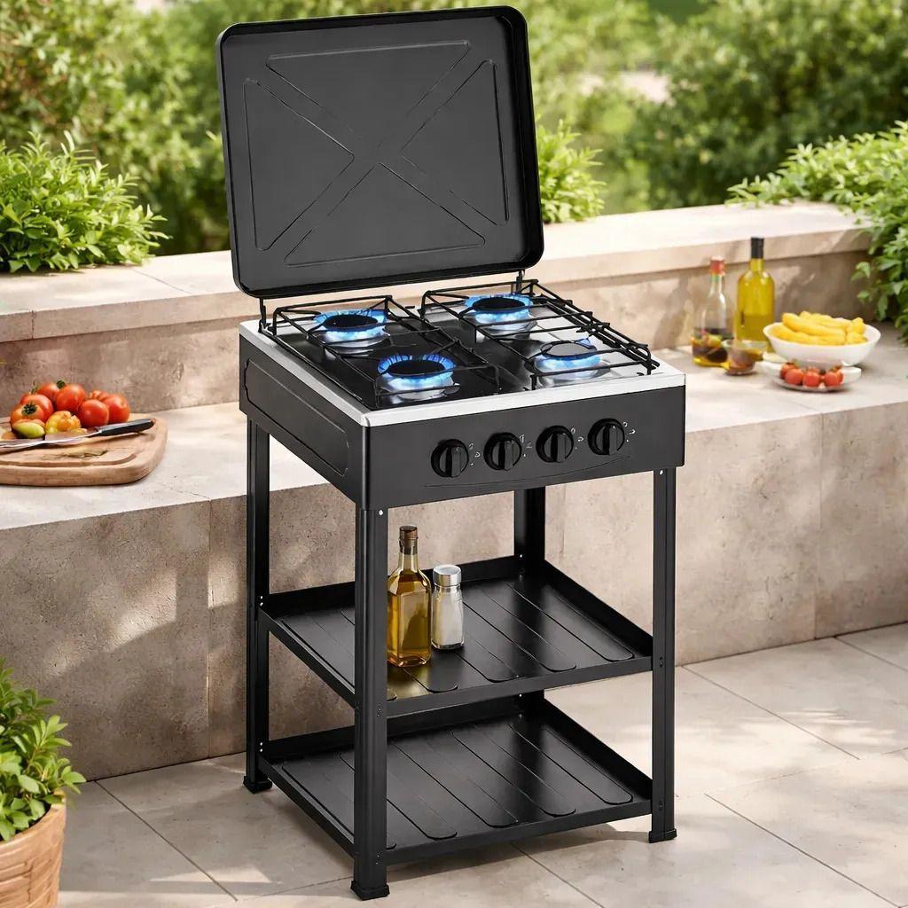 Cocina Encimera A Gas 4 Quemadores Con Repisas Color Negro-6