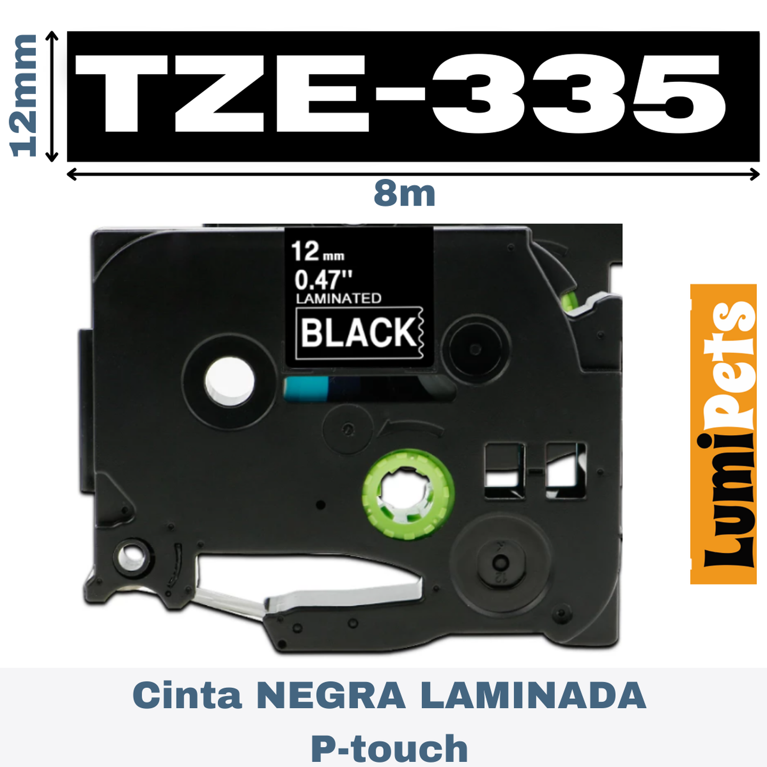 Cinta Tze-335 Para Rotuladora Brother Modelo Pt, 12mm X 8m-0