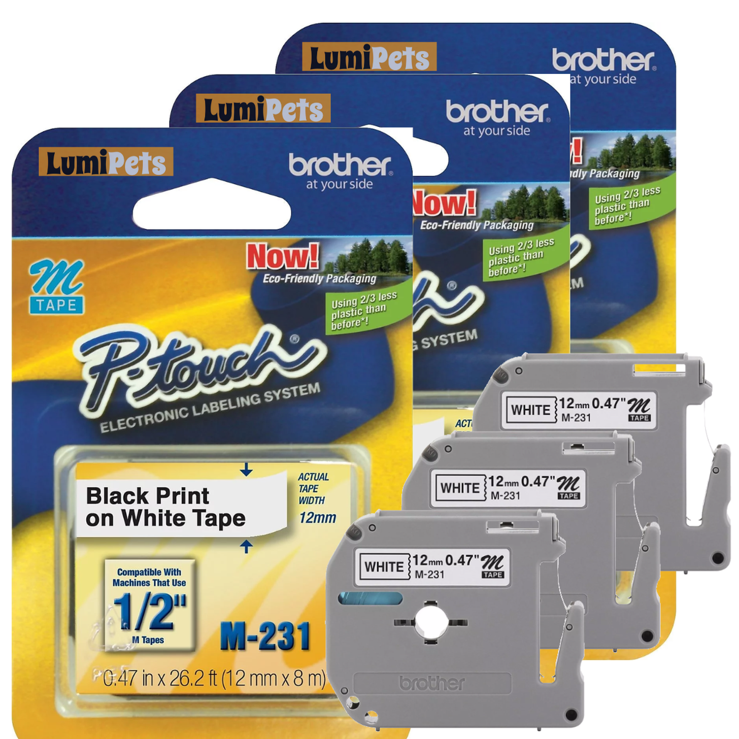 3X Cinta Rotuladora M-231 | Brother | 12mm X 8m Color Blanco-0