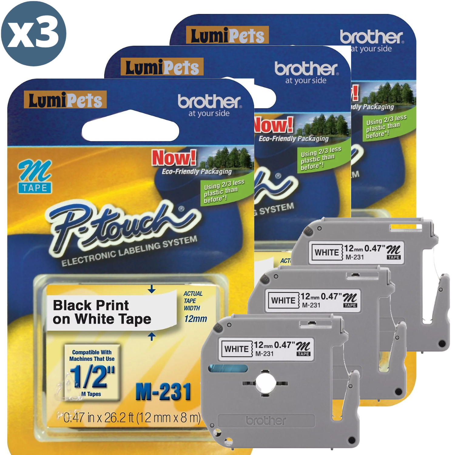 3X Cinta Rotuladora M-231 | Brother | 12mm X 8m Color Blanco-1