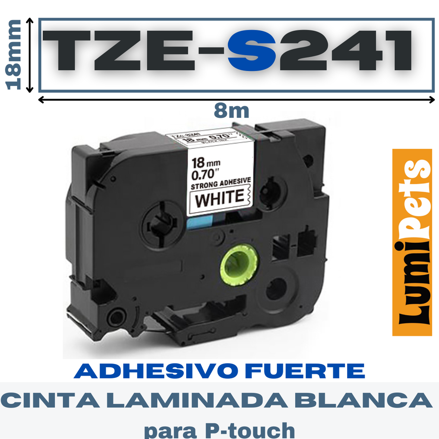 Cinta TZe-S241 Para Rotuladora Brother Modelo Pt, 18mm X 8m | Adhesivo Fuerte-0
