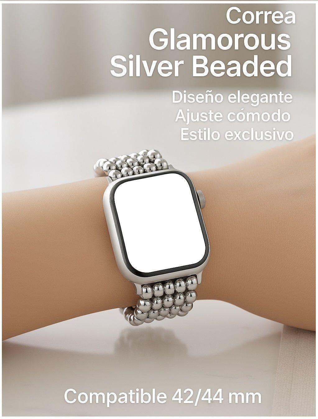 Correa Glamorous Silver Beaded para smartwatch compatible Diseño Elegante Estilo Exclusivo-1