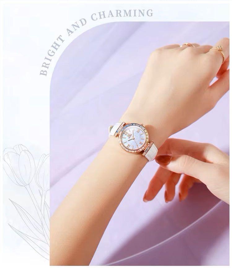 Reloj de Mujer Elegante con Correa de Cuero y Cristales Multicolor-4