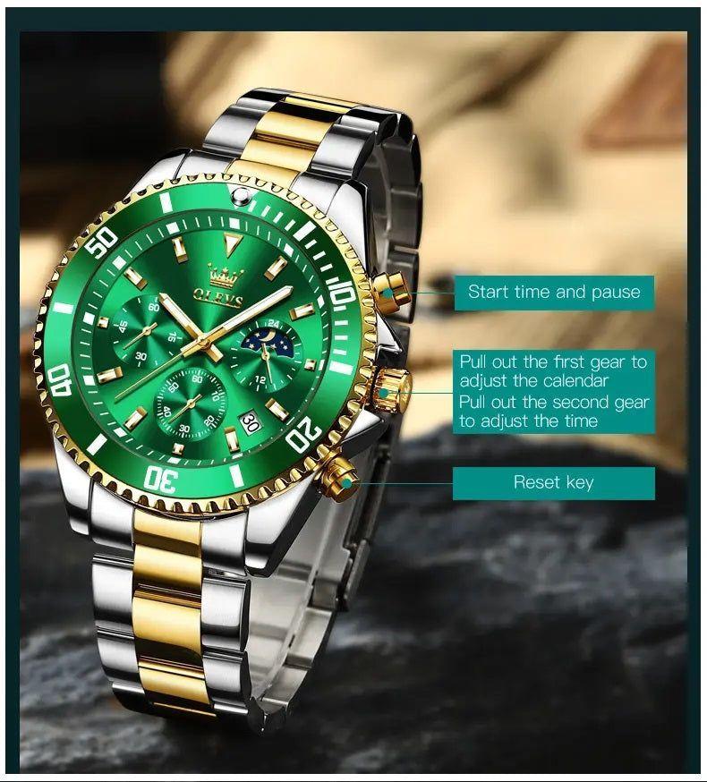 Reloj Cronógrafo Deportivo Hombre Acero Inoxidable Verde Dorado 42.5mm - Multifunción, Calendario-3