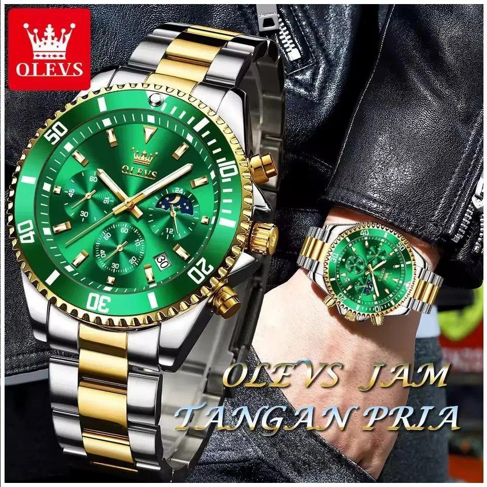 Reloj Cronógrafo Deportivo Hombre Acero Inoxidable Verde Dorado 42.5mm - Multifunción, Calendario-6