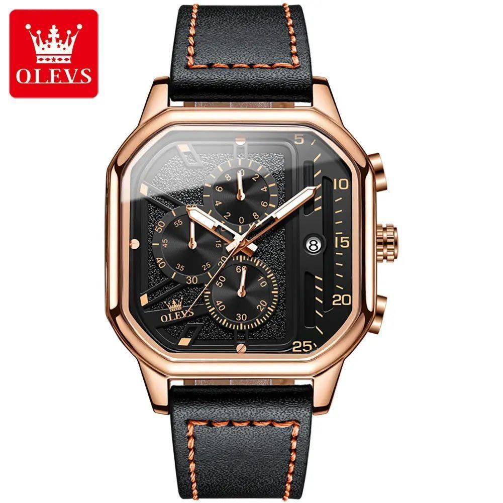 Reloj de Hombre Cuadrado de Lujo con Cronógrafo, Correa de Cuero-0