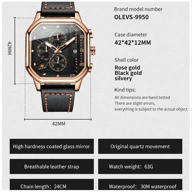 Reloj de Hombre Cuadrado de Lujo con Cronógrafo, Correa de Cuero-4