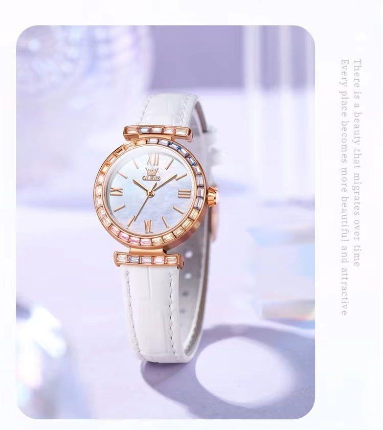 Reloj de Mujer Elegante con Correa de Cuero y Cristales Multicolor-4