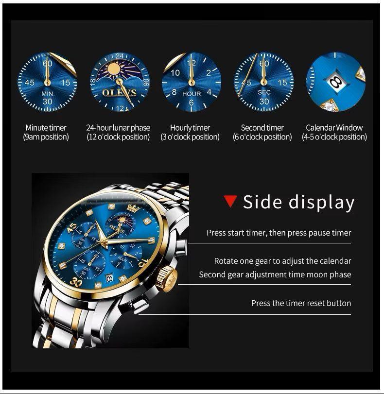 Reloj Hombre Lujo Deportivo y Elegante con Cronógrafo Fase Lunar-6