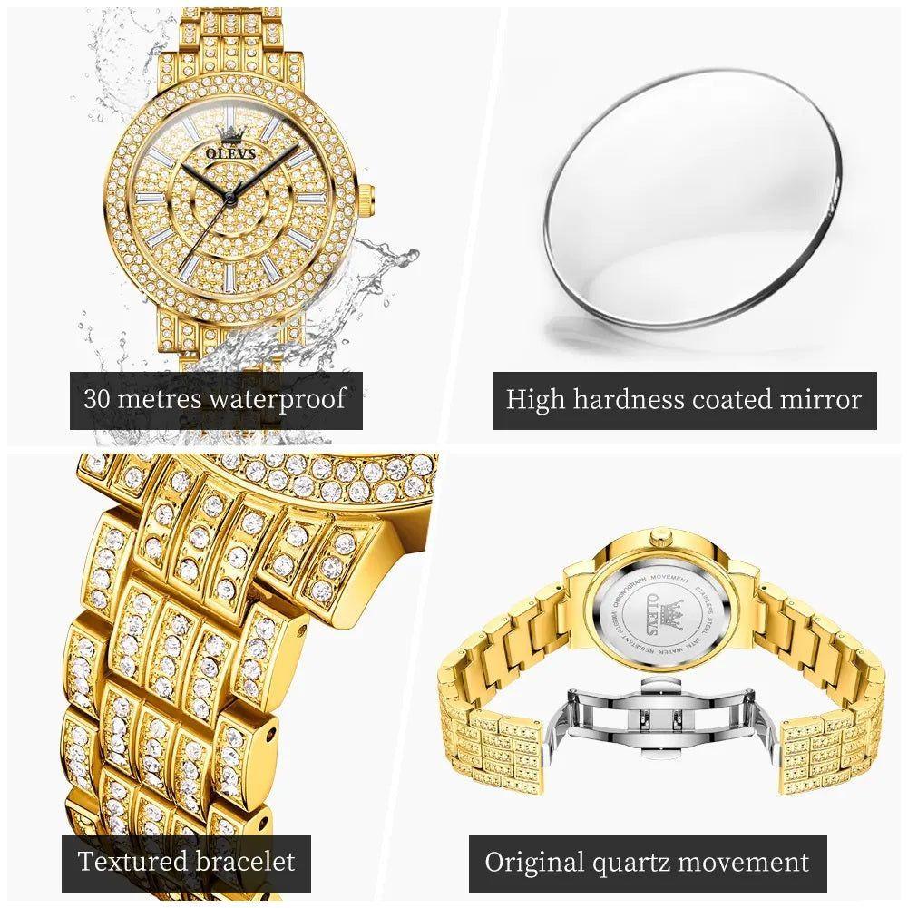 Reloj de Lujo Dorado para Mujer Cuarzo, Cristales y Acabado Metálico-2