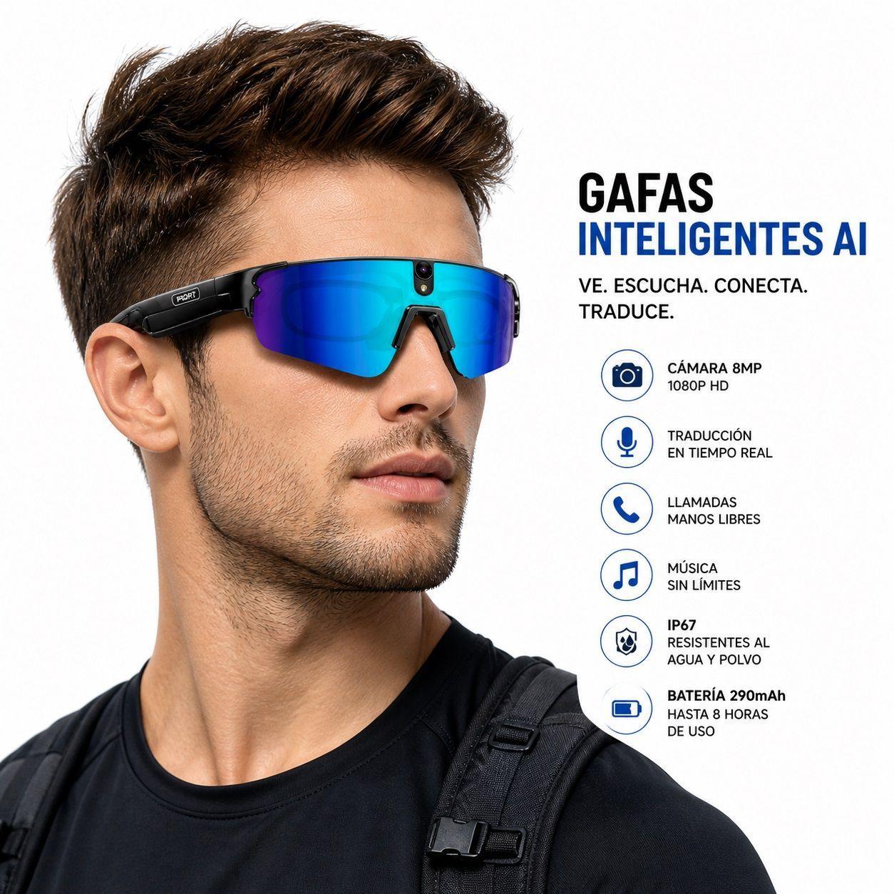Gafas Inteligentes con IA 1080P Cámara 8MP, Traducción en Tiempo Real, Bluetooth 5.4, Uso Deportivo-5