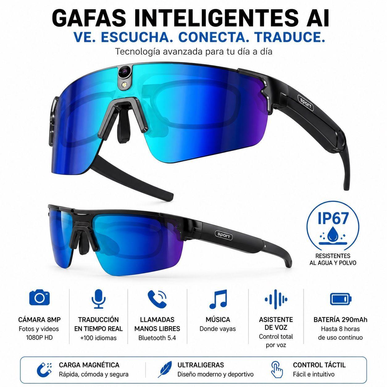 Gafas Inteligentes con IA 1080P Cámara 8MP, Traducción en Tiempo Real, Bluetooth 5.4, Uso Deportivo-6