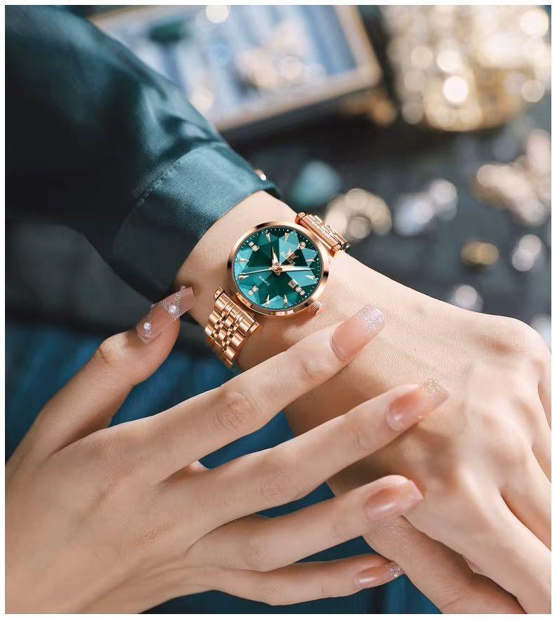 Reloj de Cuarzo para Mujer Esfera Esmeralda Detalles de Cristal Correa Acero Inoxidable-2