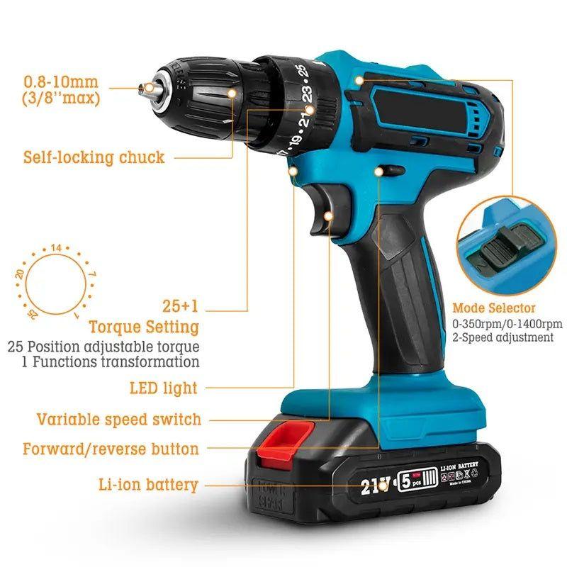 Taladro Portátil Recargable 36V con 24 Accesorios 32Nm Máx. Luz Led-5