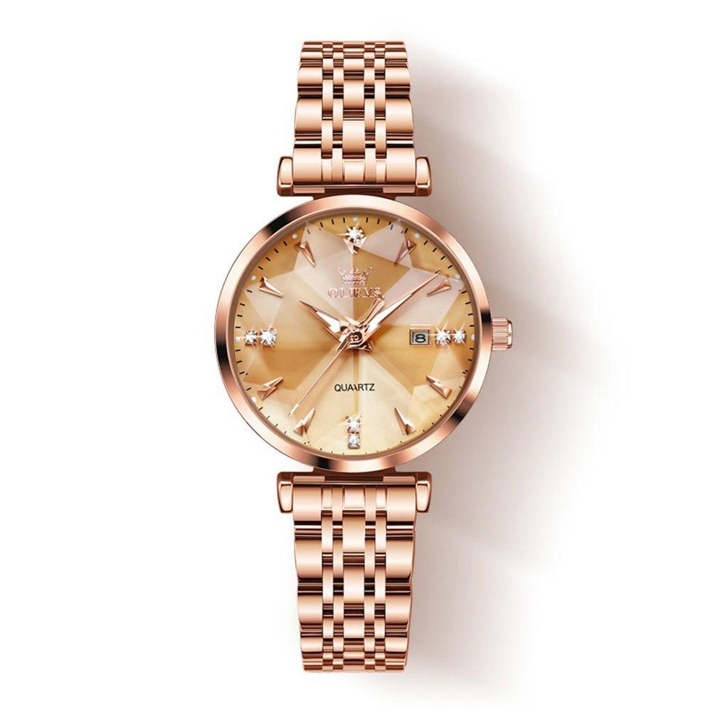 Reloj Cuarzo para Mujer Esfera Dorada Facetada Cristales Brillantes-0