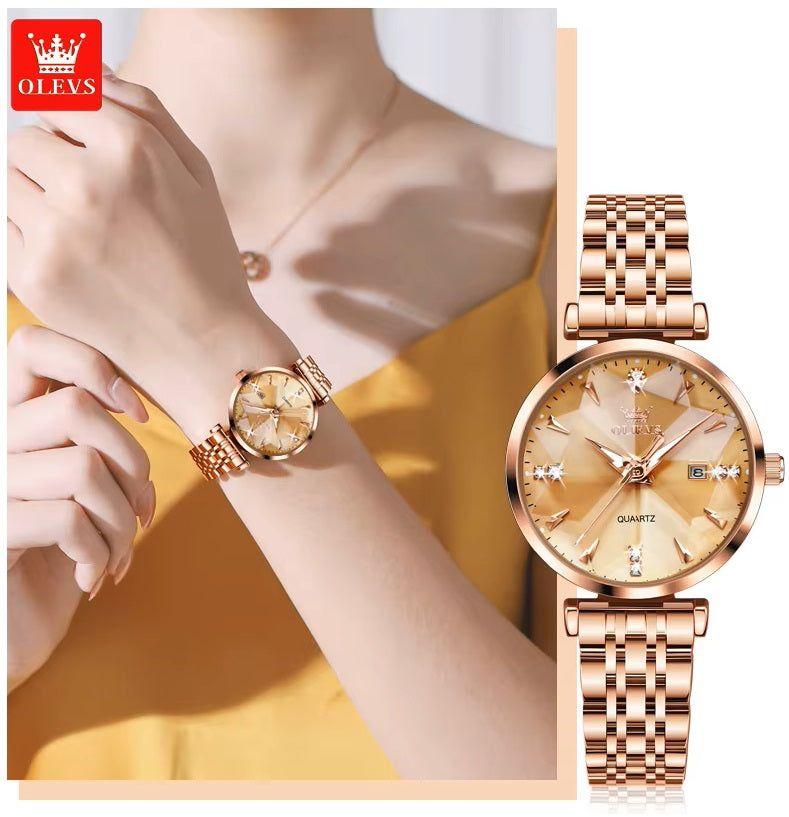 Reloj Cuarzo para Mujer Esfera Dorada Facetada Cristales Brillantes-1