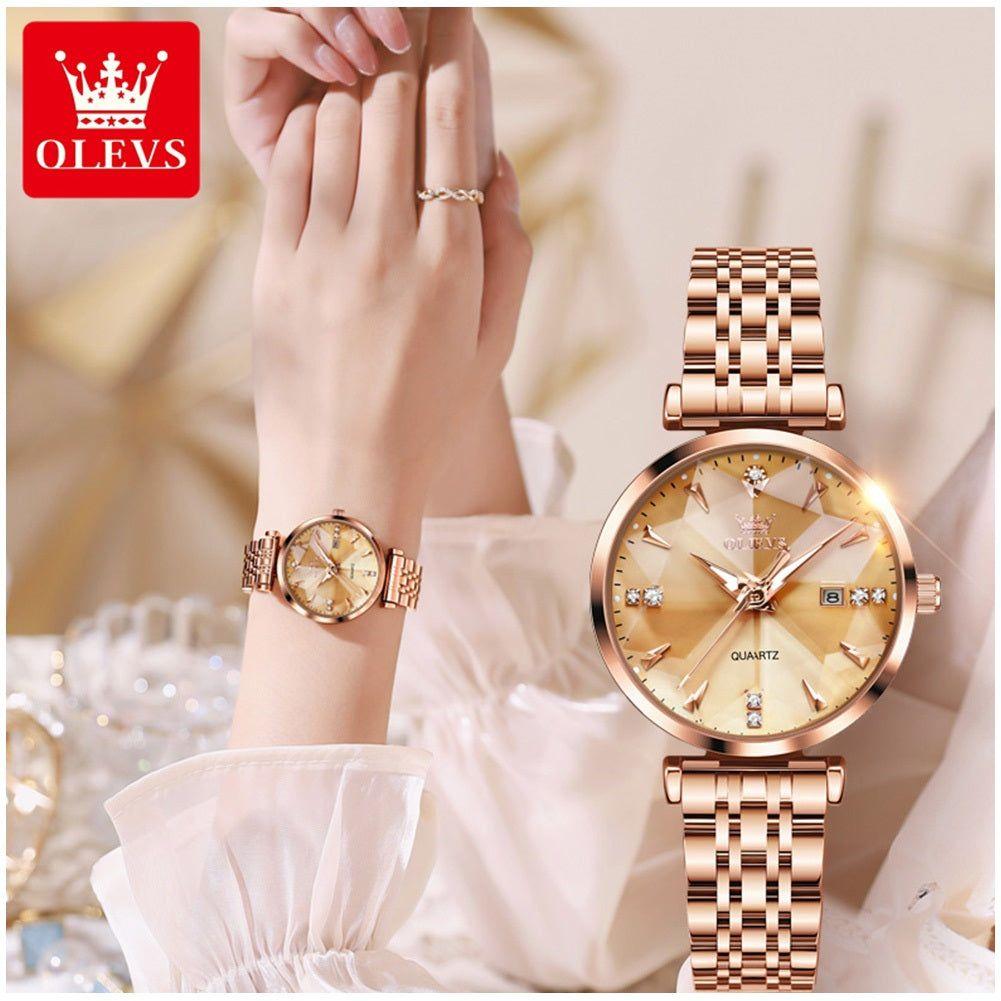 Reloj Cuarzo para Mujer Esfera Dorada Facetada Cristales Brillantes-2