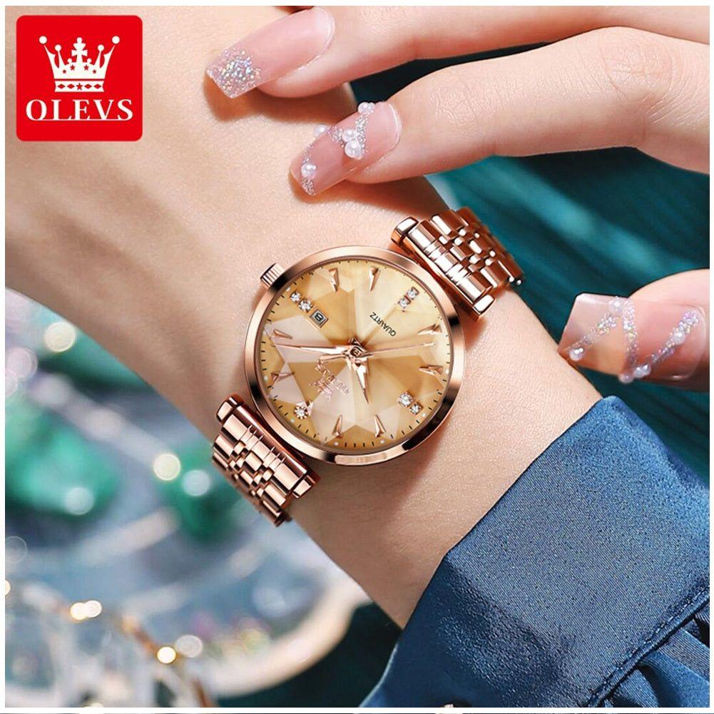 Reloj Cuarzo para Mujer Esfera Dorada Facetada Cristales Brillantes-3