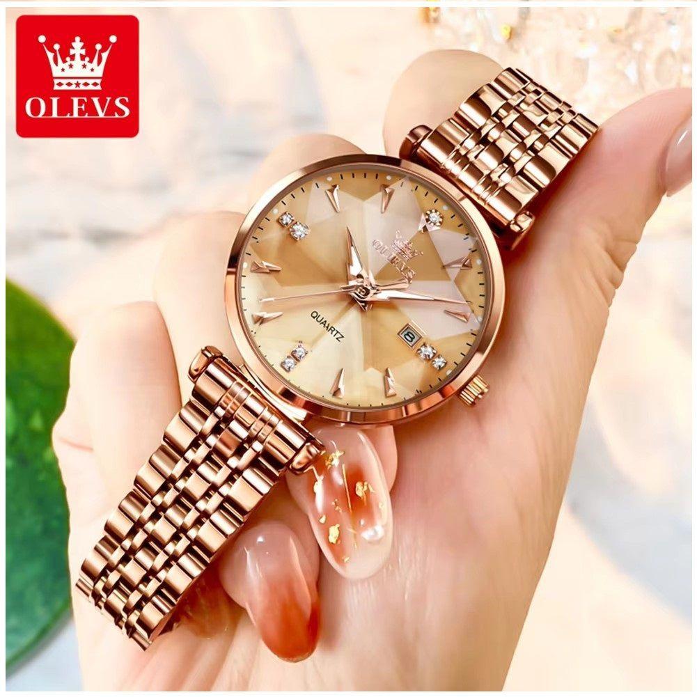 Reloj Cuarzo para Mujer Esfera Dorada Facetada Cristales Brillantes-4