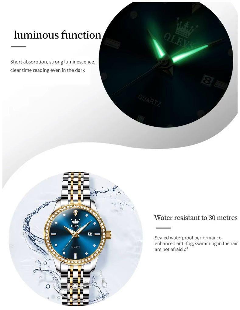 Reloj de Pulsera Lujo Mujer Cuarzo Esfera Azul Circonias Brillantes-3