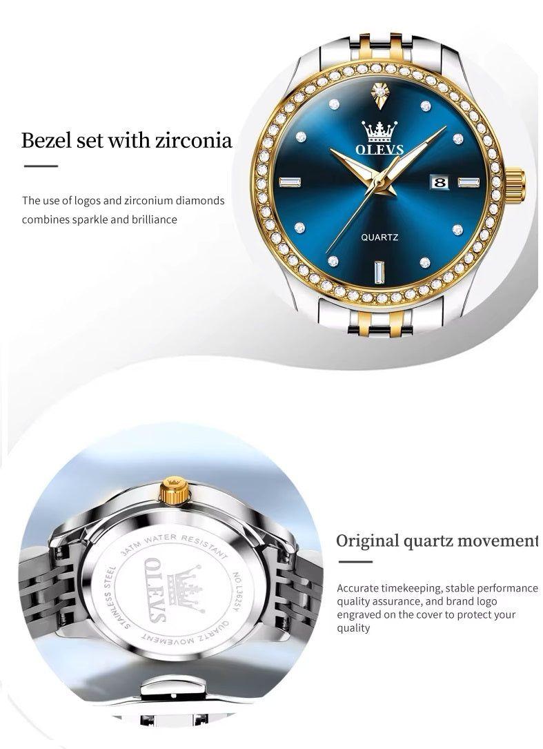 Reloj de Pulsera Lujo Mujer Cuarzo Esfera Azul Circonias Brillantes-4