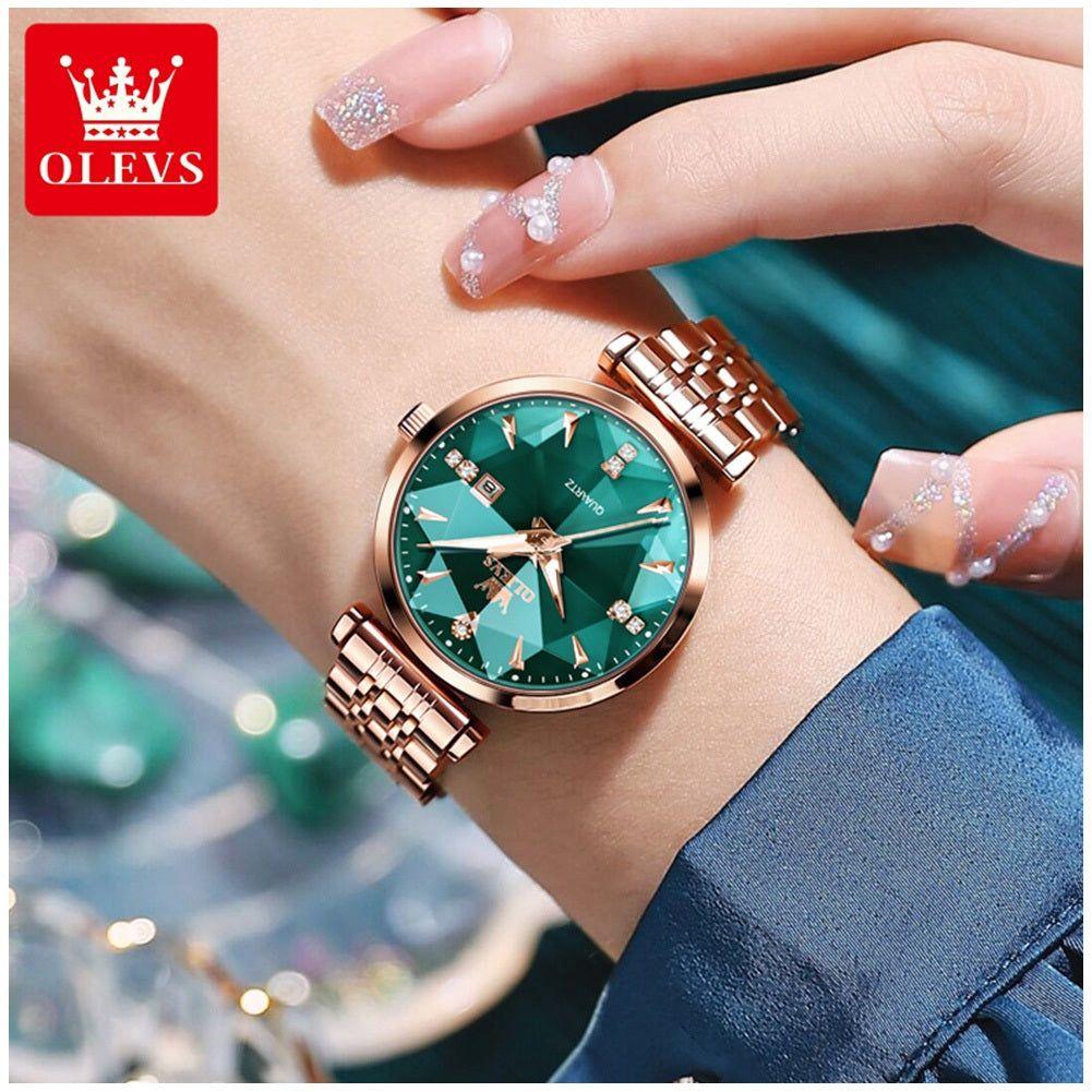 Reloj de Cuarzo para Mujer Esfera Verde Esmeralda Detalles de Cristal-1