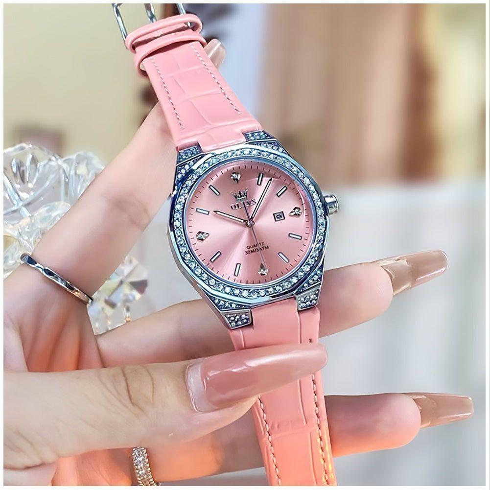 Reloj de Cuarzo para Mujer Correa de Cuero Rosa, Esfera de Cristales-2