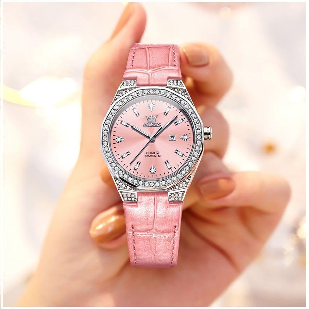 Reloj de Cuarzo para Mujer Correa de Cuero Rosa, Esfera de Cristales-4