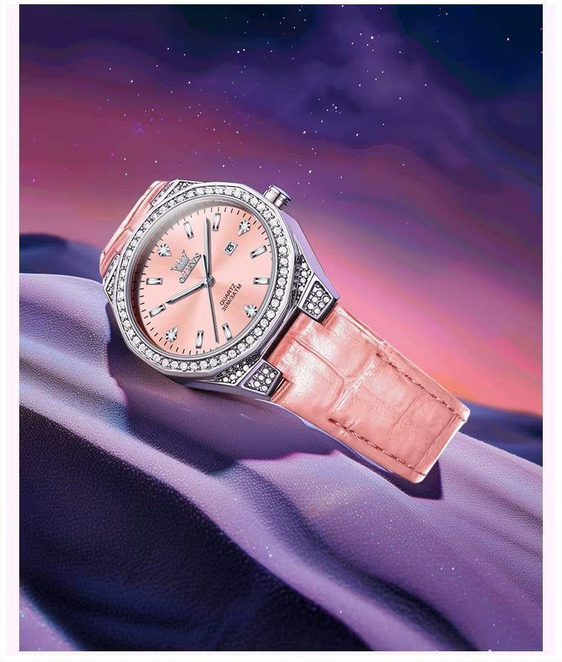 Reloj de Cuarzo para Mujer Correa de Cuero Rosa, Esfera de Cristales-5