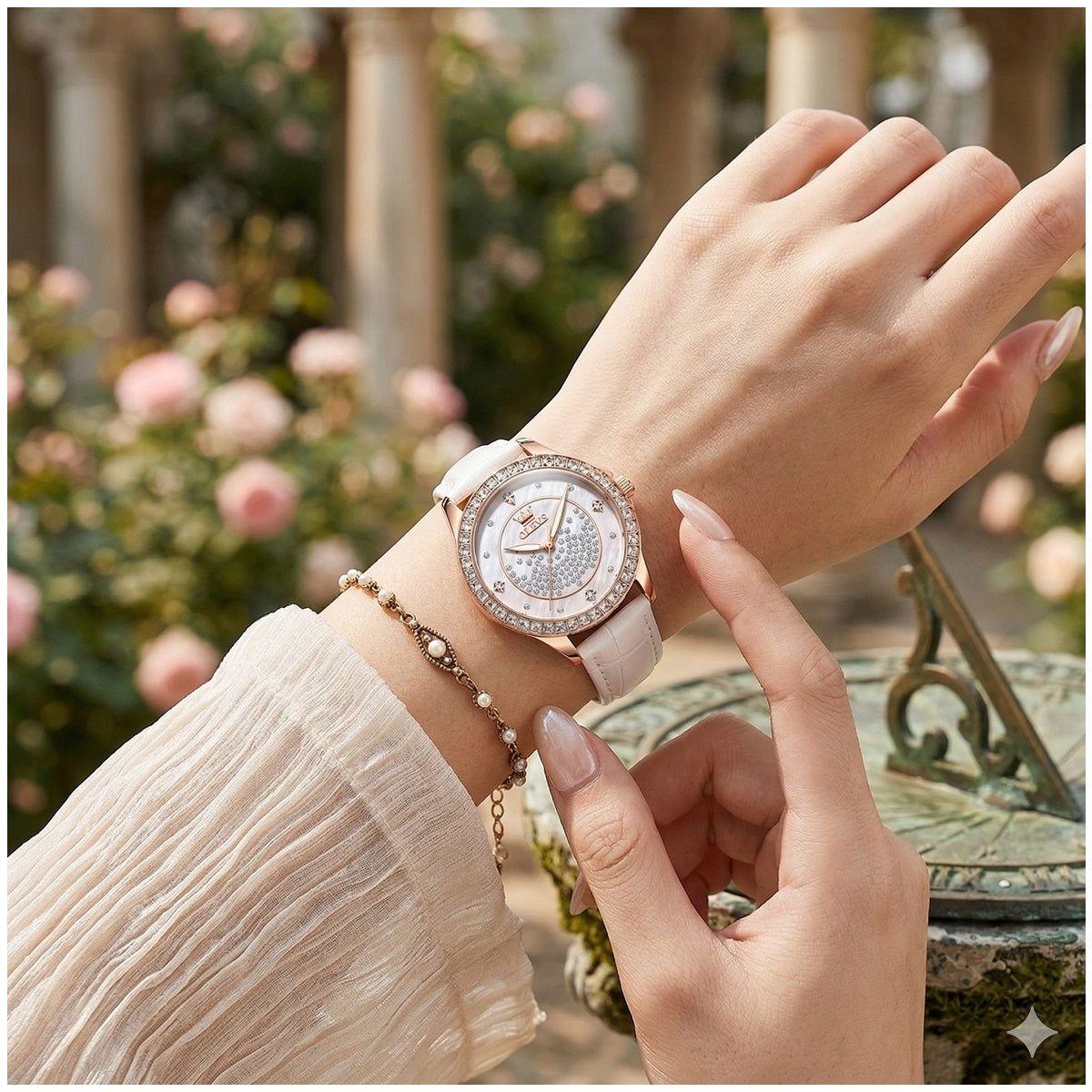 Reloj de Mujer Elegante de Cuarzo Cristales Decorativos Correa Blanca Texturizada y Esfera Luminosa-2