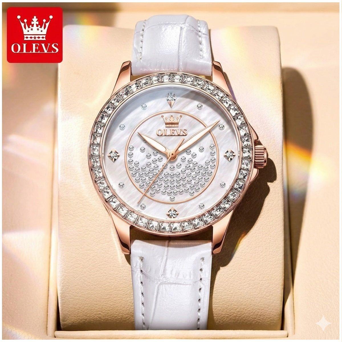 Reloj de Mujer Elegante de Cuarzo Cristales Decorativos Correa Blanca Texturizada y Esfera Luminosa-4