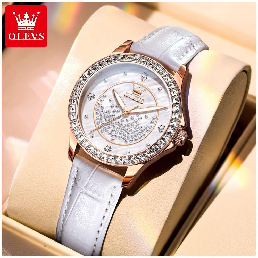 Reloj de Mujer Elegante de Cuarzo Cristales Decorativos Correa Blanca Texturizada y Esfera Luminosa-5