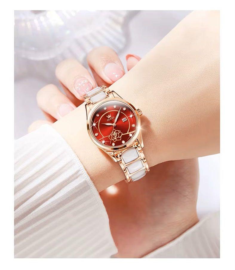 Reloj de Pulsera Elegante para Mujer Esfera Roja Cerámica Blanca-2