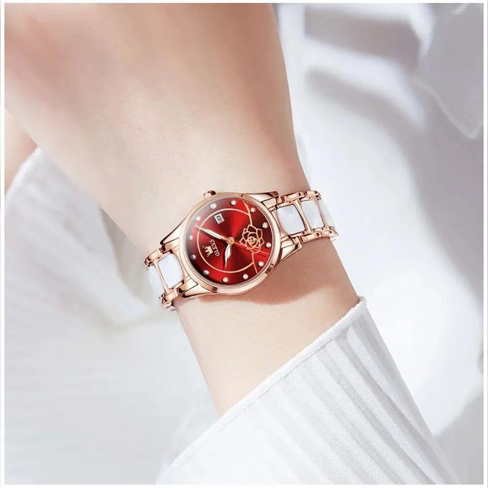 Reloj de Pulsera Elegante para Mujer Esfera Roja Cerámica Blanca-3