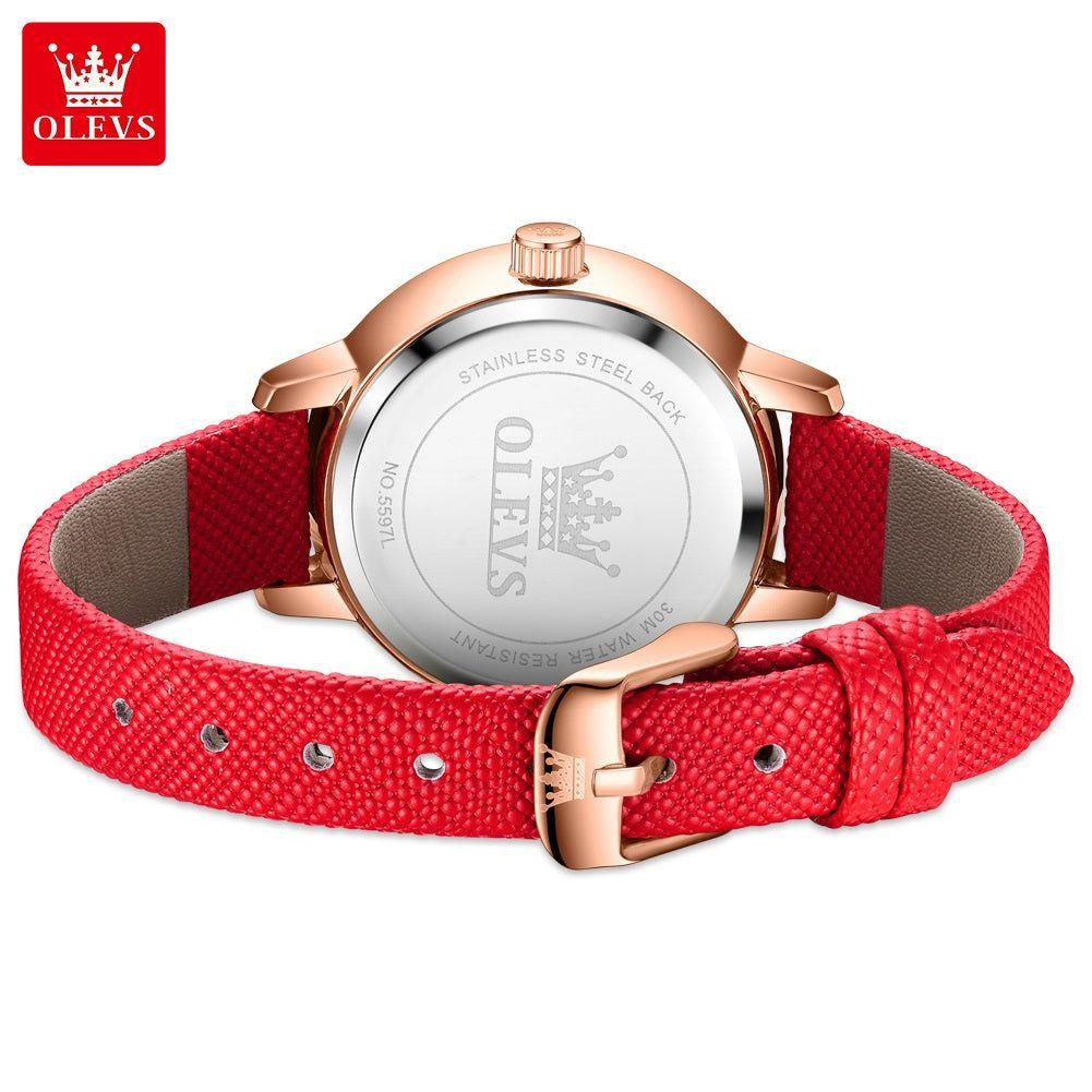 Reloj de Pulsera Mujer Elegante con Fase Lunar y Correa de Cuero Rojo-4