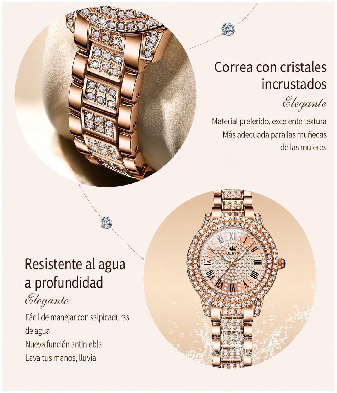 Reloj de Pulsera Elegante para Mujer con Cristales Incrustados, Acero Inoxidable-3