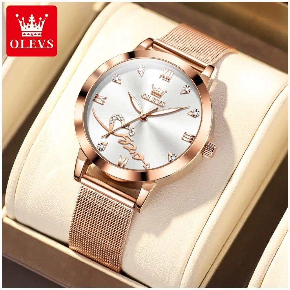 Reloj de Mujer Diseño Elegante Pulsera Metálica de Malla Rosa Dorado-3