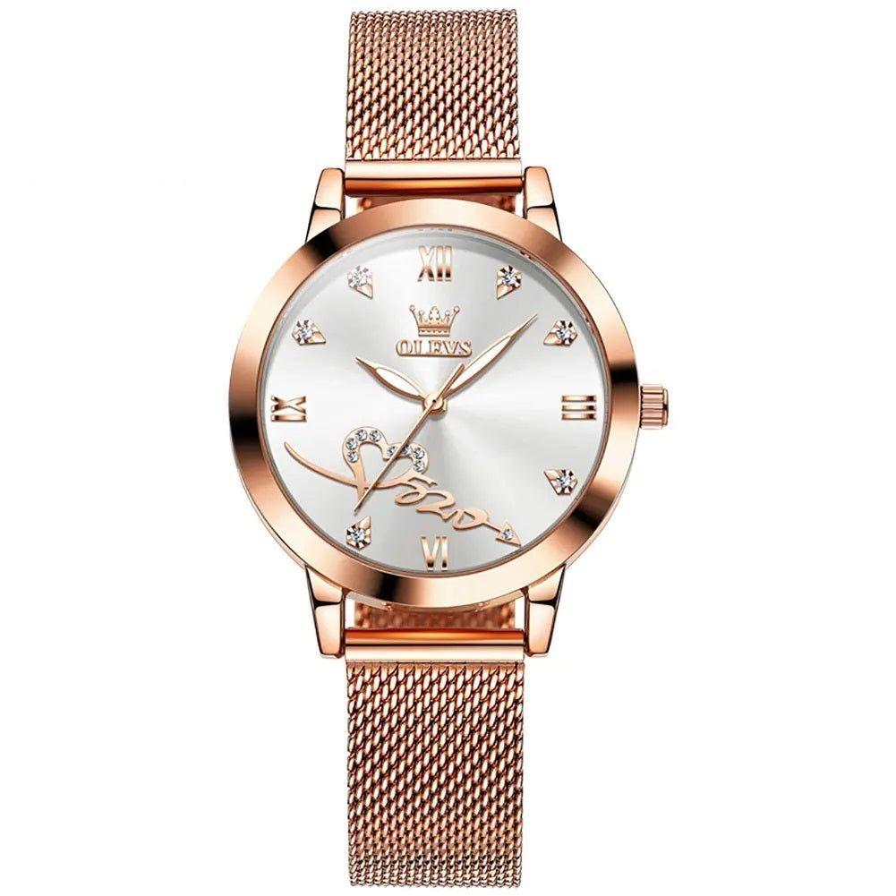 Reloj de Mujer Diseño Elegante Pulsera Metálica de Malla Rosa Dorado-4