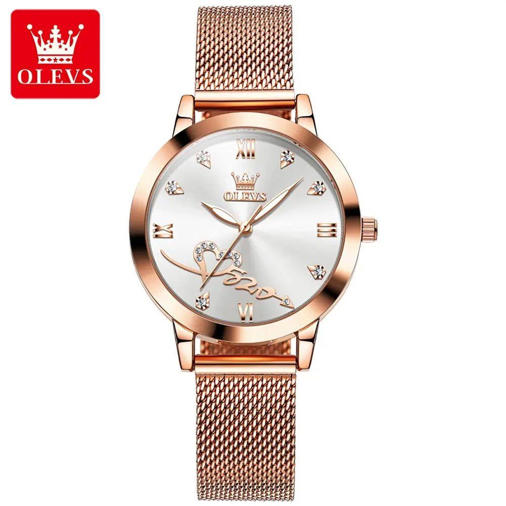 Reloj de Mujer Diseño Elegante Pulsera Metálica de Malla Rosa Dorado-5