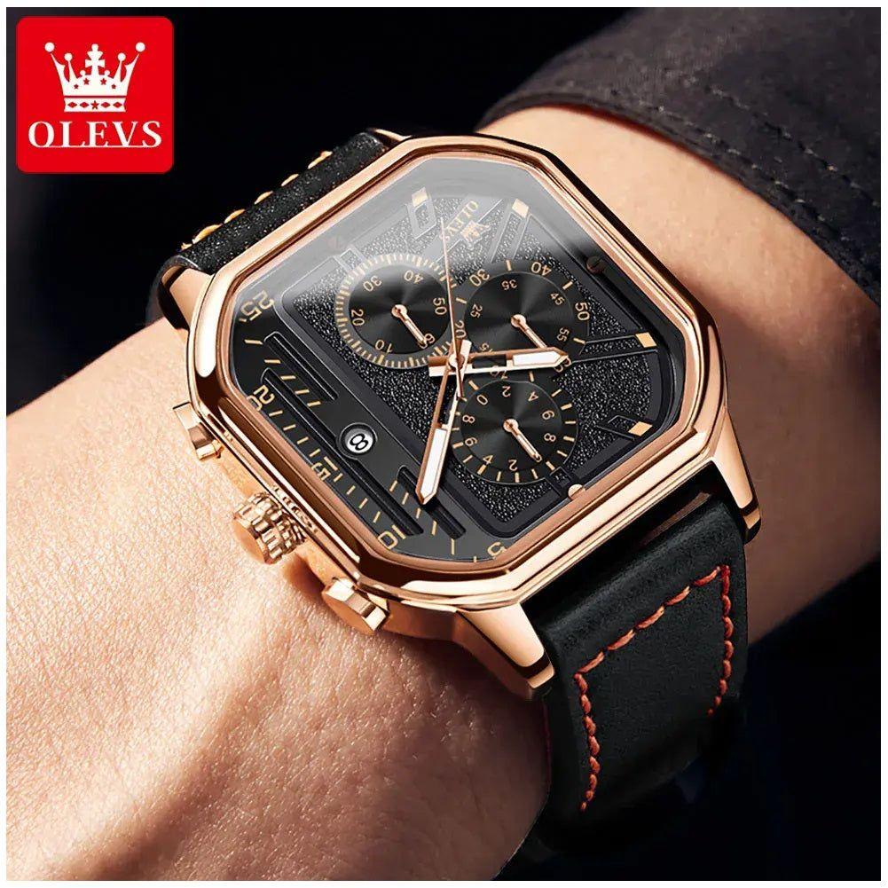 Reloj de Hombre Cuadrado de Lujo con Cronógrafo Correa de Cuero-5
