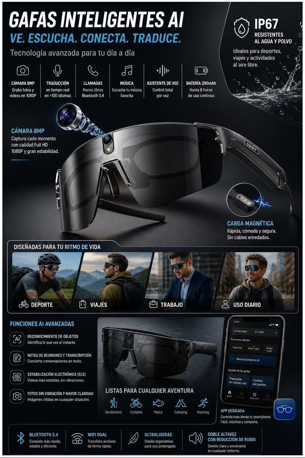 Gafas Inteligentes con IA 1080P Cámara 8MP, Traducción en Tiempo Real Uso Deportivo-1