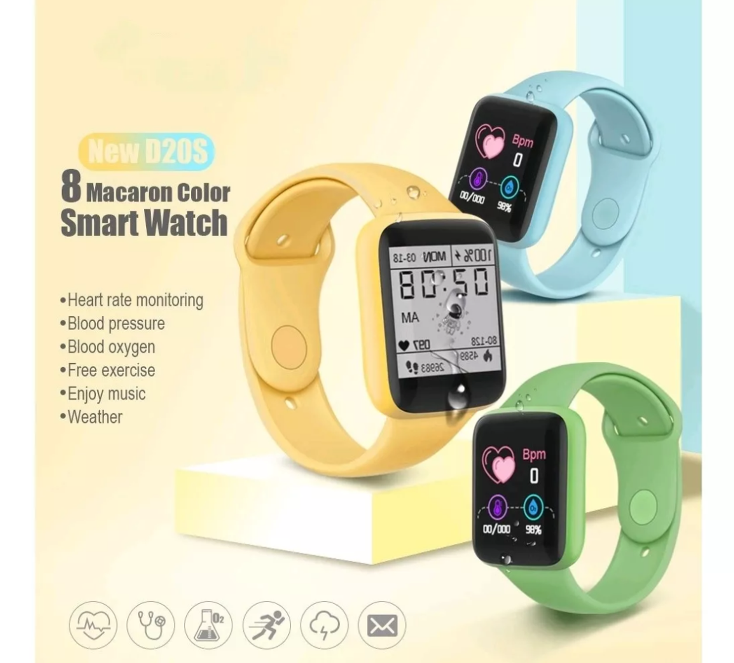 Reloj D20 Inteligente Smartwatch Amarillo 2024-4