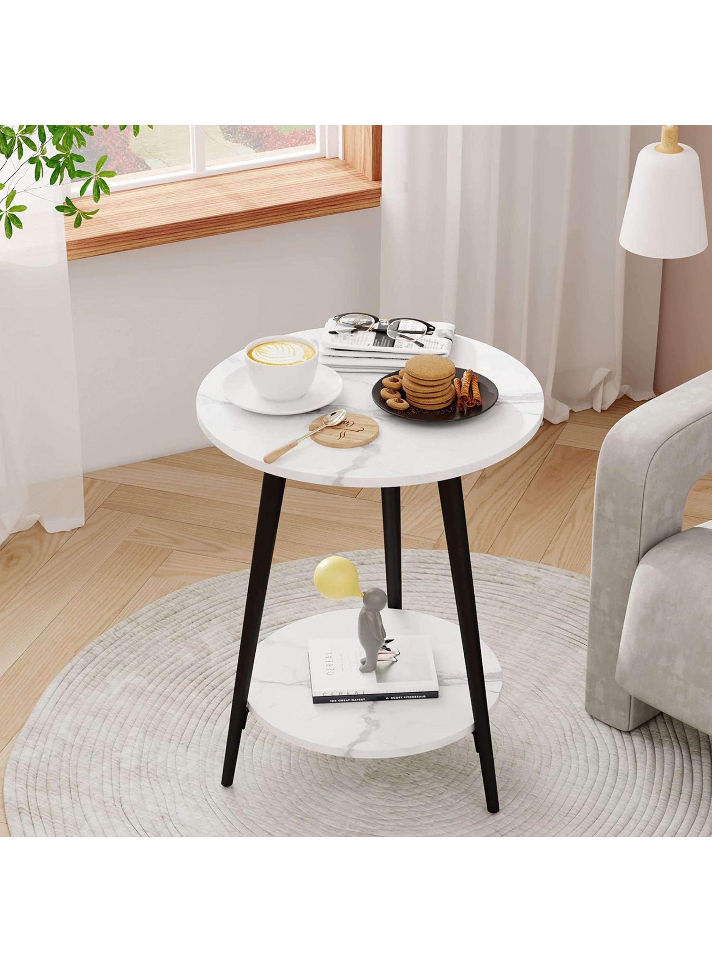Mesa de Centro Redonda 40*40*52CM Mármol Blanco Con Patas Negras-4