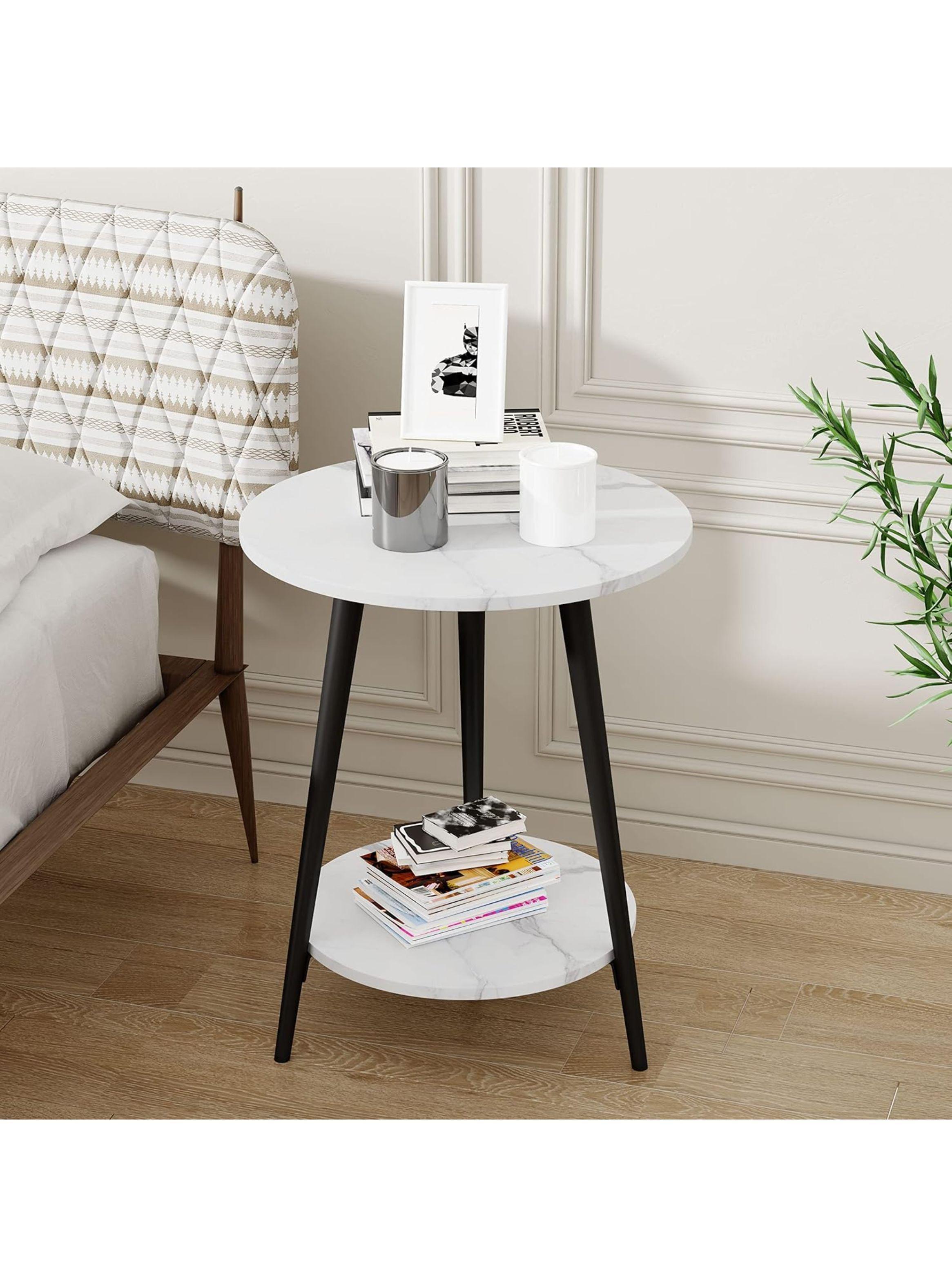Mesa de Centro Redonda 40*40*52CM Mármol Blanco Con Patas Negras-5